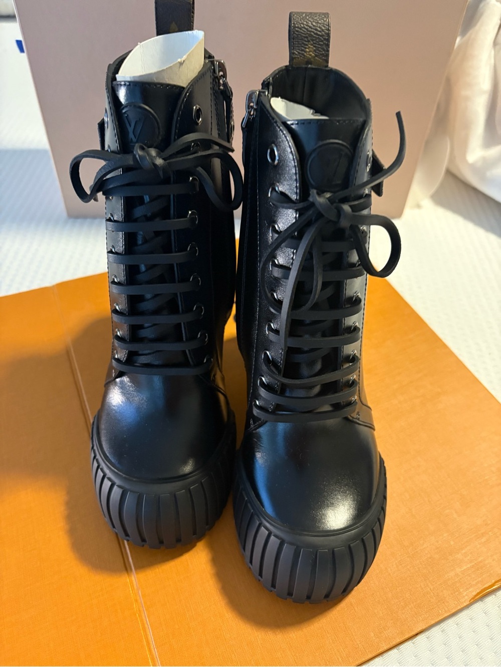 Louis Vuitton Black Lace-Up Platform Combat Boots